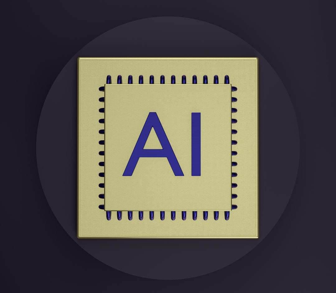 AI processor chip with illuminated blue circuit patterns on dark background